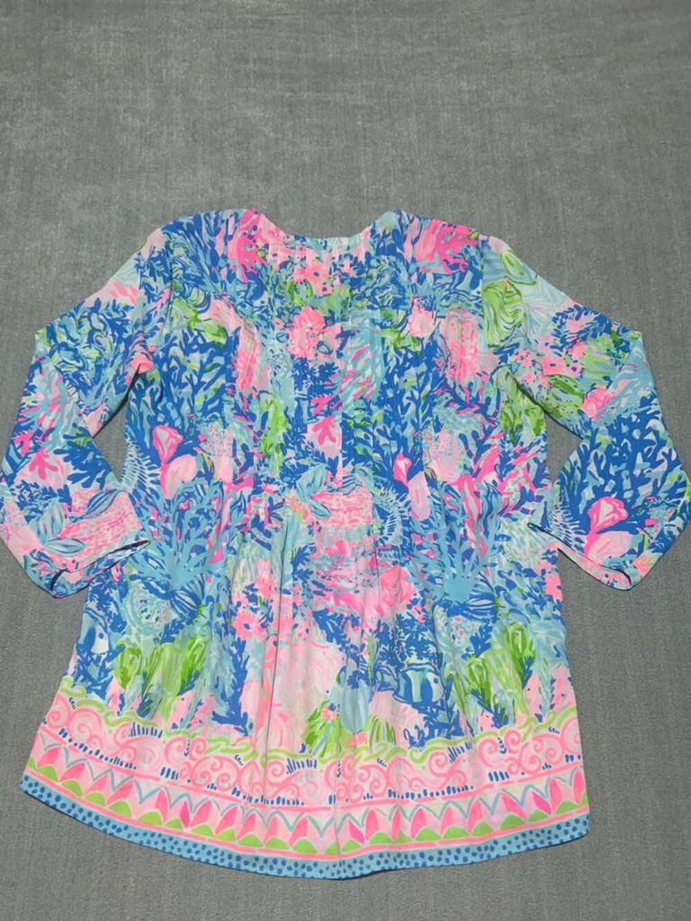 Lilly Pulitzer XS Tropical Floral Tassel Tunic Blouse Blue Pink - Picture 7 of 10